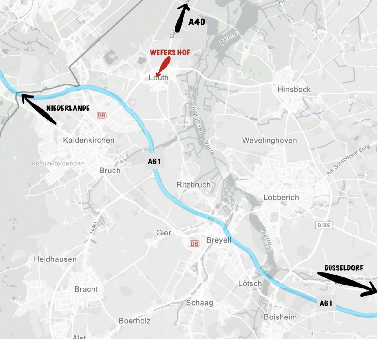 Lageplan Wefers Hof in Leuth mit Orientierung zu A40, A61, Niederlande und Düsseldorf